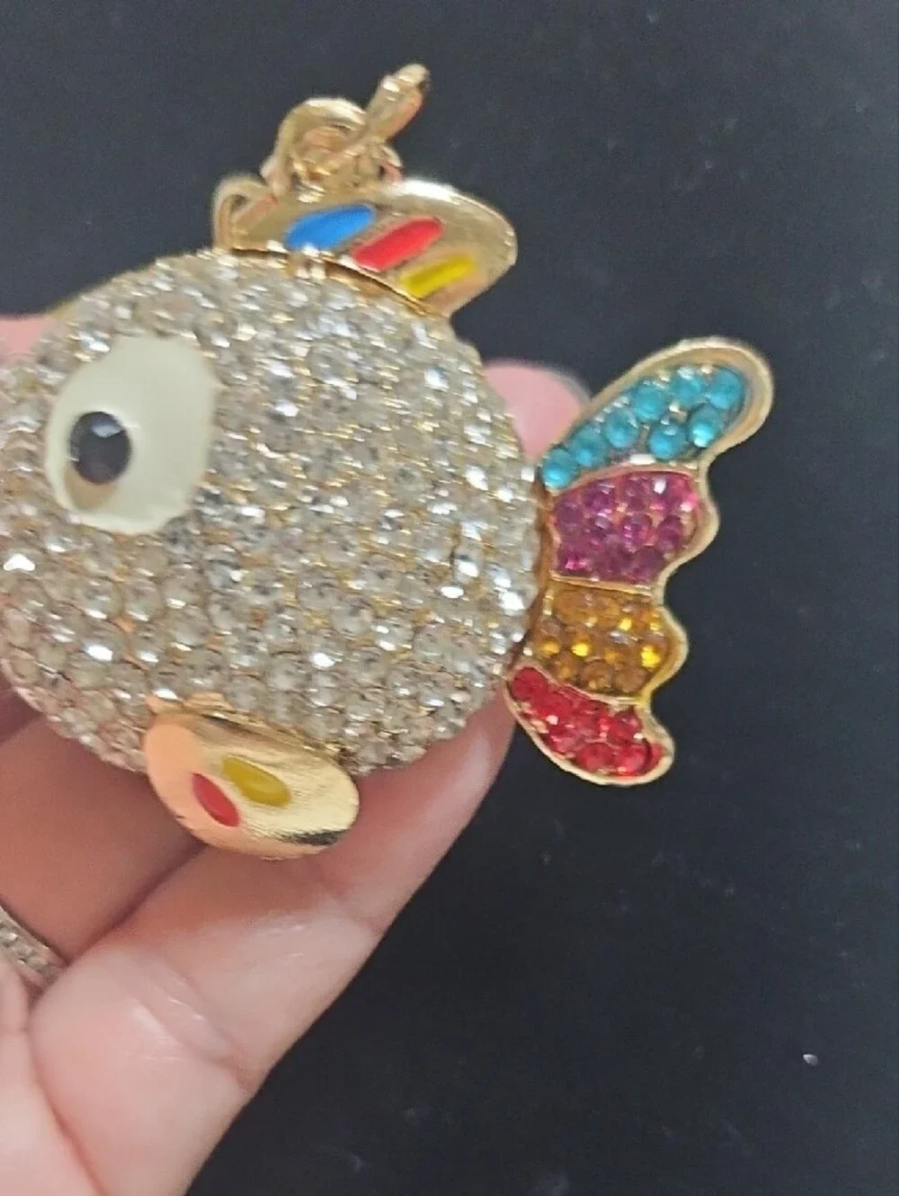 Source Unknown Gold Rhinestone Fish Keychain with Blue Pink Yellow Red Accents